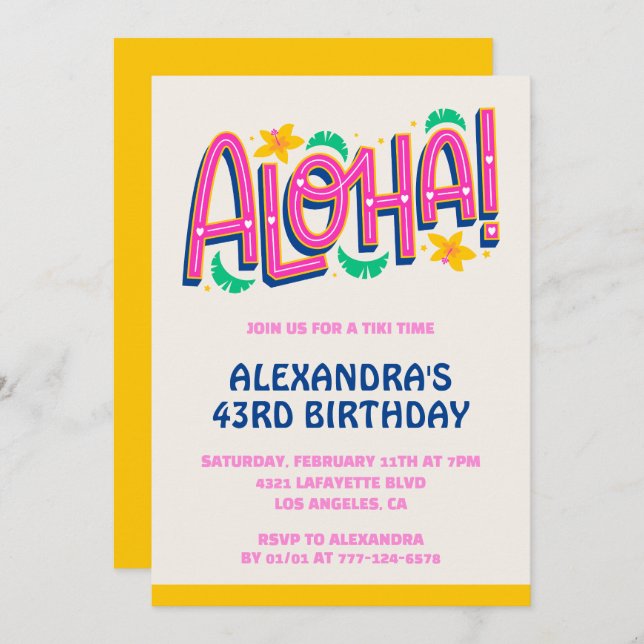 43rd birthday invitations Tropical Aloha Hawaii (Front/Back)