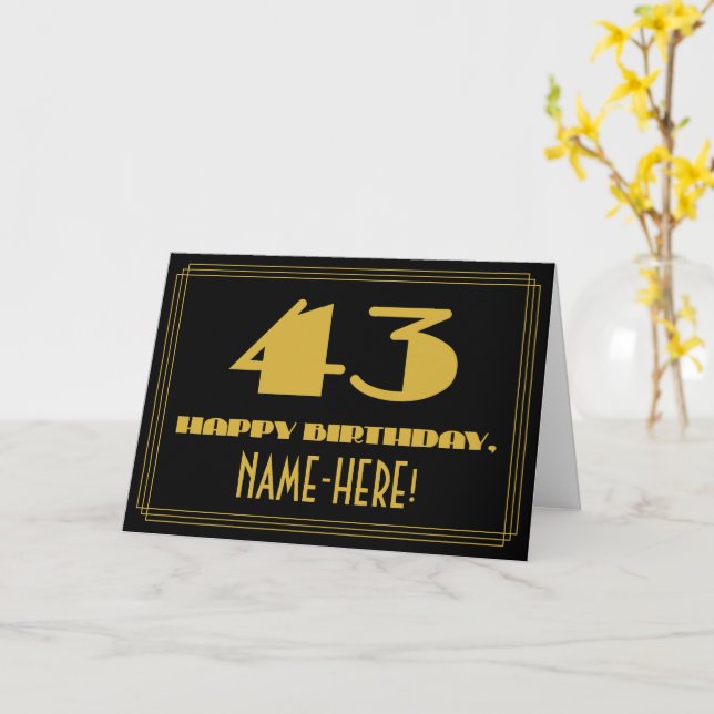 43rd Birthday: Name + Art Deco Inspired Look "43" Card (Yellow Flower)