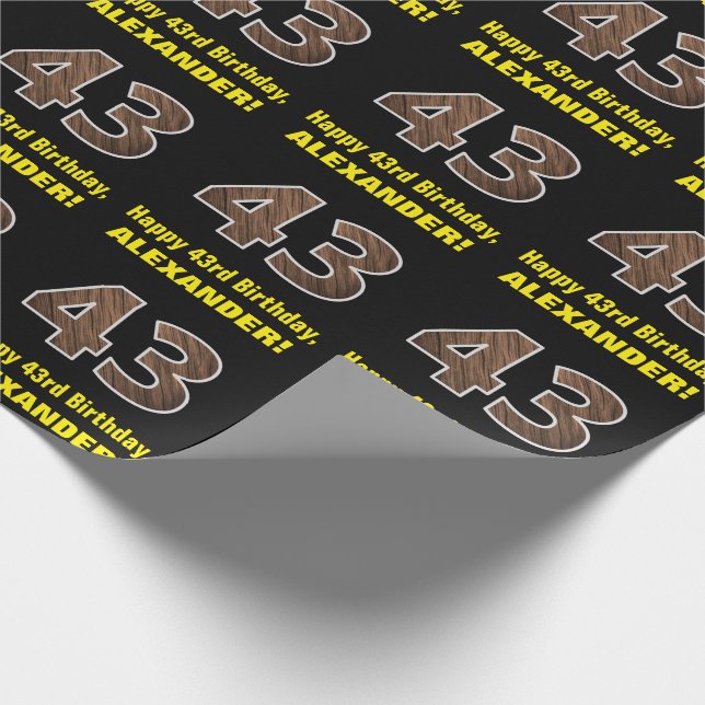 43rd Birthday: Name & Faux Wood Grain Pattern "43" Wrapping Paper (Corner)