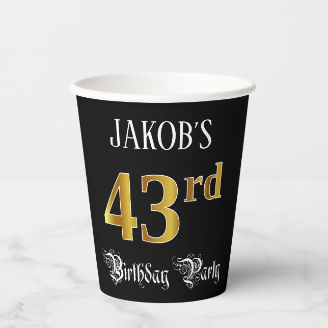 43rd Birthday Party — Fancy Script, Faux Gold Look Paper Cups (Front)