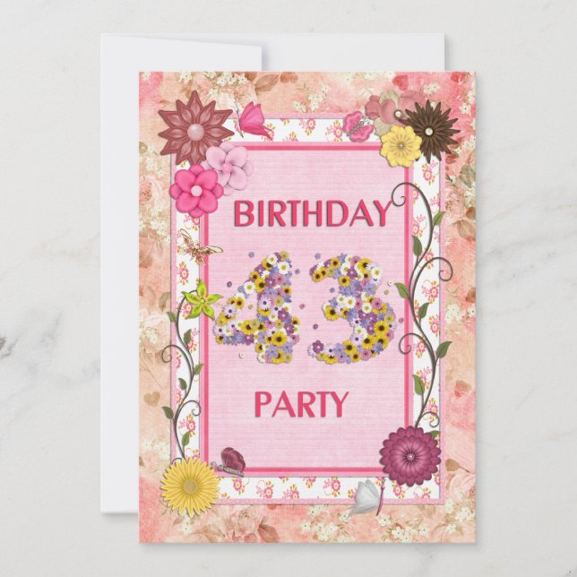 43rd birthday party invitation with floral frame (Front)