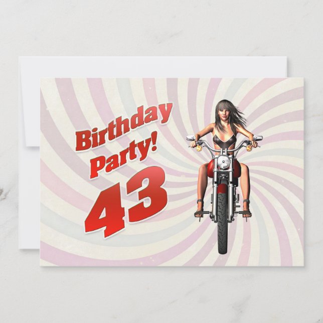 43rd birthday party with a girl on a motorbike invitation (Front)