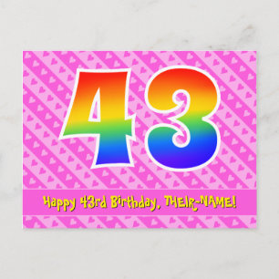 43rd Birthday: Pink Stripes & Hearts, Rainbow 43 Postcard