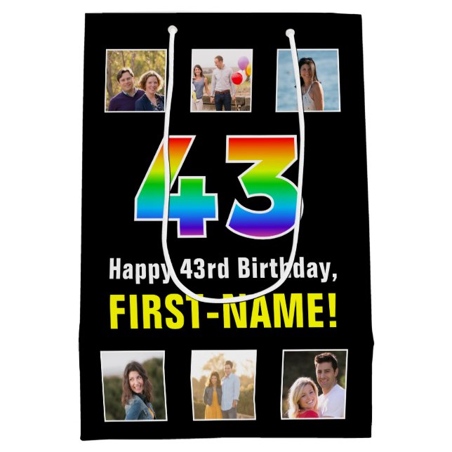 43rd Birthday: Rainbow “43“, Custom Photos & Name Medium Gift Bag (Back)