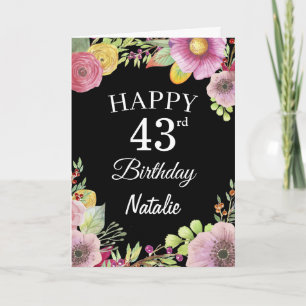 43rd Birthday Watercolor Floral Flowers Black Card