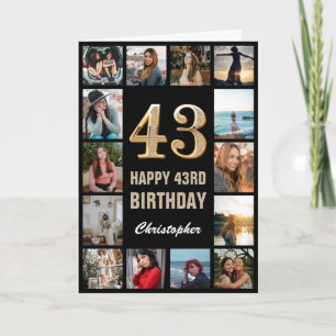 43rd Happy Birthday Black and Gold Photo Collage Card