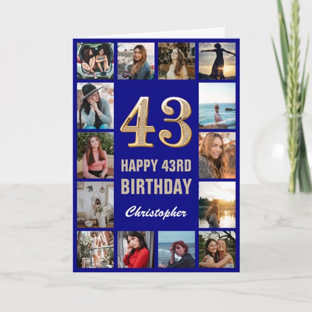 43rd Happy Birthday Navy Blue & Gold Photo Collage Card (Front)