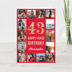 43rd Happy Birthday Red and Gold Photo Collage Card