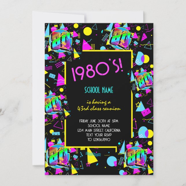 43rd Retro Colourful 1980's School Reunion Event Invitation (Front)