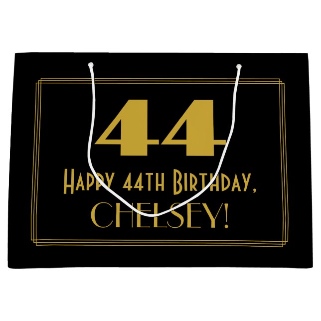 44th Birthday — Art Deco Inspired Look "44" & Name Large Gift Bag (Front)