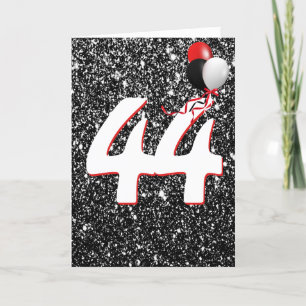 44th Birthday Balloons on Black Glitter Card