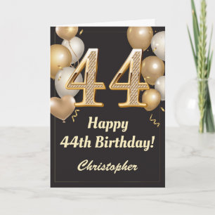 44th Birthday Black and Gold Balloons Confetti Card