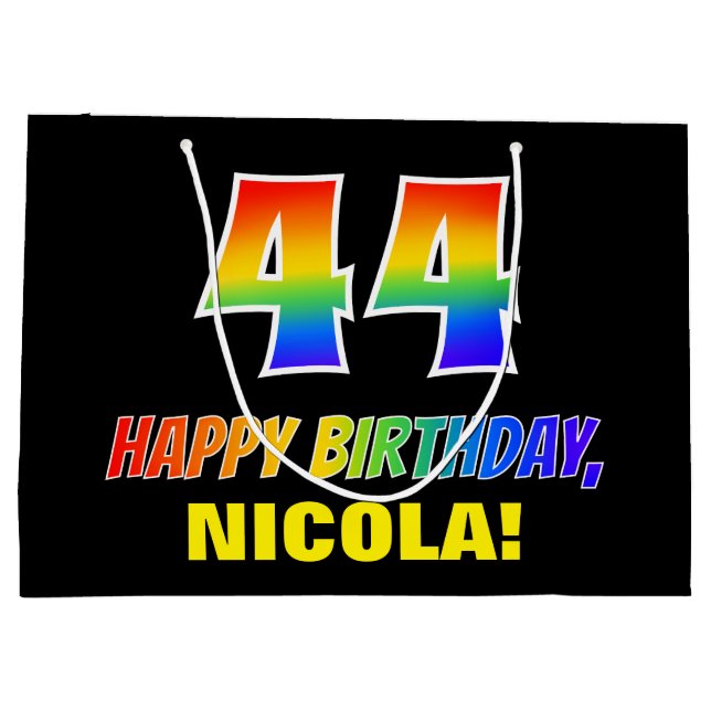44th Birthday: Bold, Fun, Simple, Rainbow 44 Large Gift Bag (Back)