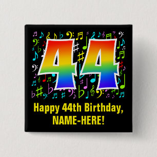 44th Birthday: Colorful Music Symbols, Rainbow 44 15 Cm Square Badge