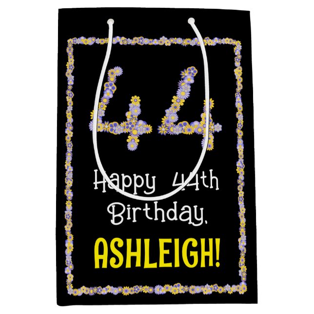44th Birthday: Floral Flowers Number, Custom Name Medium Gift Bag (Front)