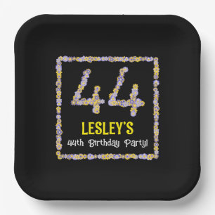 44th Birthday: Floral Flowers Number, Custom Name Paper Plate