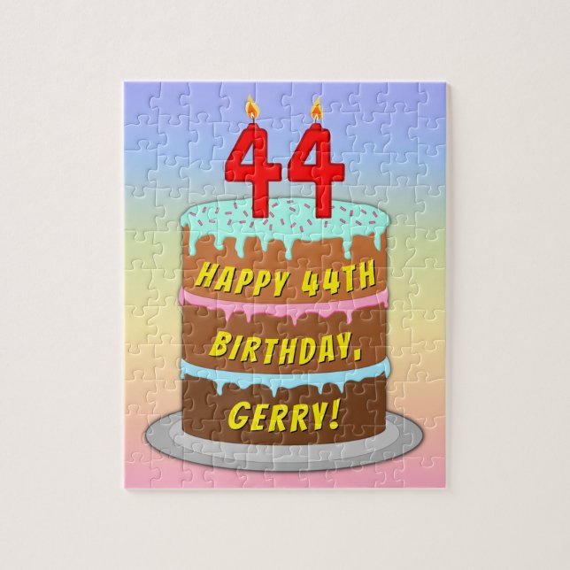 44th Birthday: Fun Cake and Candles + Custom Name Jigsaw Puzzle (Vertical)