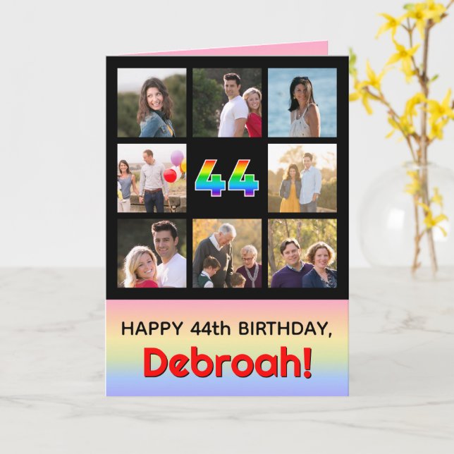 44th Birthday: Fun Rainbow #, Custom Photos + Name Card (Yellow Flower)