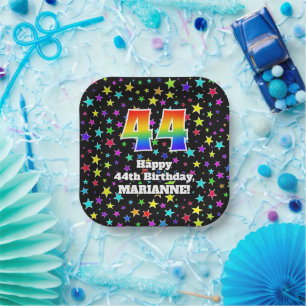 44th Birthday: Fun Stars Pattern and Rainbow “44 Paper Plate