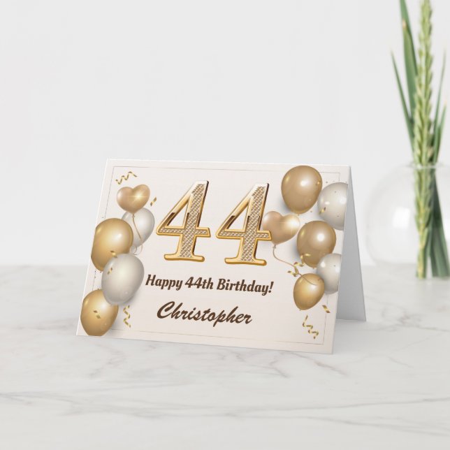 44th Birthday Gold Balloons and Confetti Birthday Card (Front)