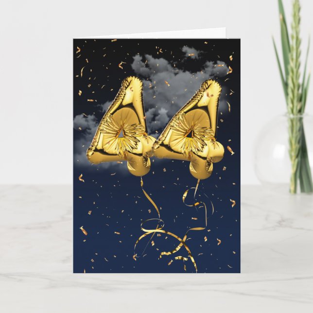 44th Birthday Gold Mylar Balloon and Confetti Card (Front)