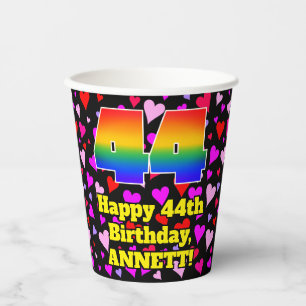 44th Birthday: Loving Hearts Pattern, Rainbow 44 Paper Cups