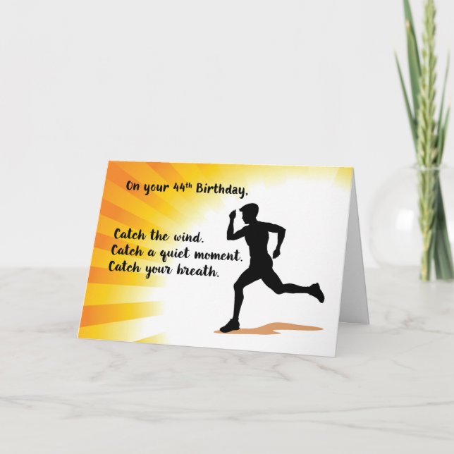 44th Birthday Man Running with Sunburst Background Card (Front)