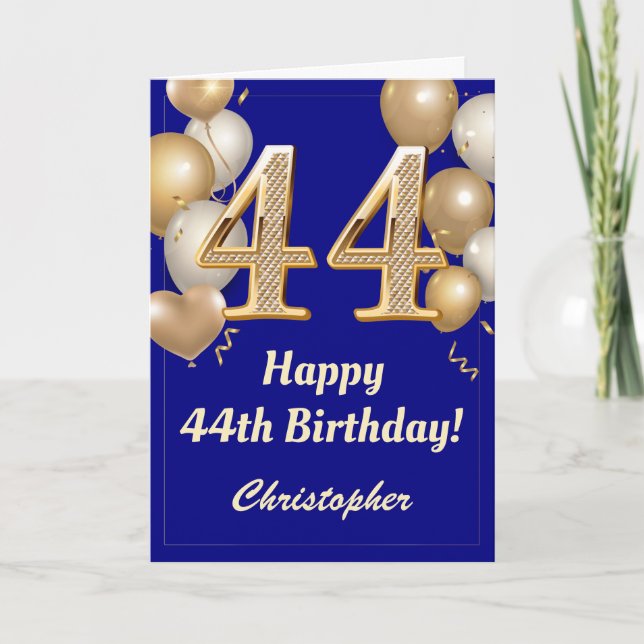 44th Birthday Navy Blue and Gold Balloons Confetti Card (Front)