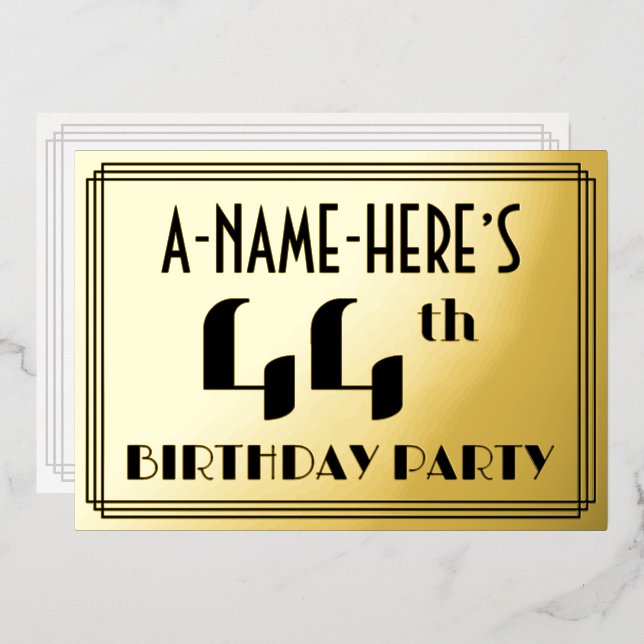 44th Birthday Party: Art Deco Look “44” and Name (Front/Back)