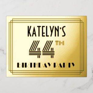 44th Birthday Party ~ Art Deco Style “44” + Name Foil Invitation Postcard