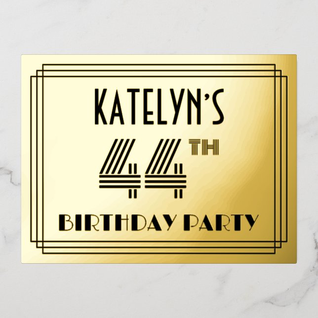 44th Birthday Party ~ Art Deco Style “44” + Name Foil Invitation Postcard (Front)