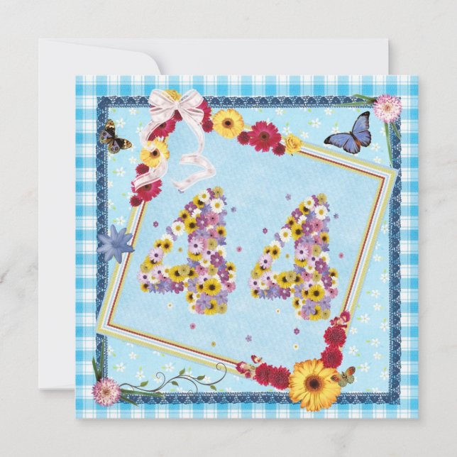 44th Birthday party Invitation flowers,butterflies (Front)