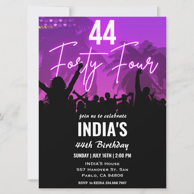 44th Birthday Party Pink Neon Invitation (Front)