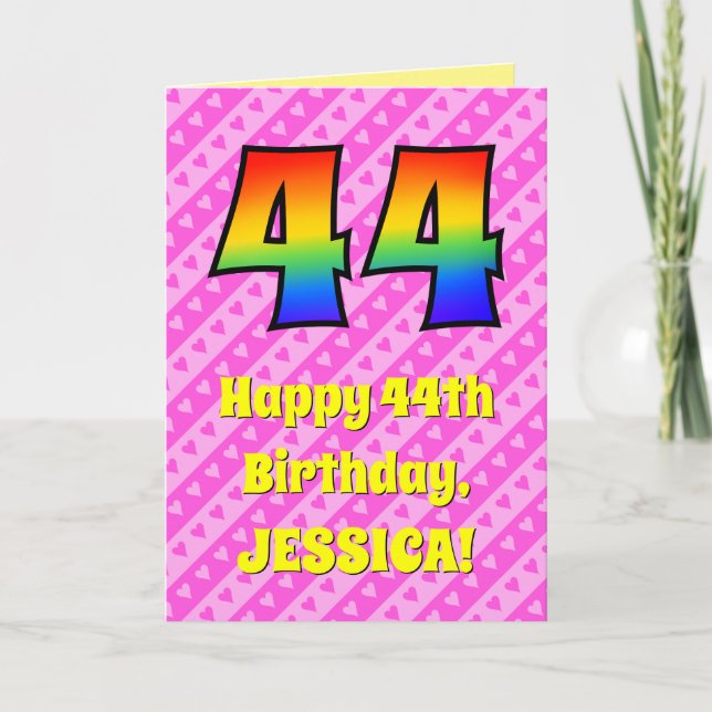 44th Birthday: Pink Stripes & Hearts, Rainbow # 44 Card (Front)