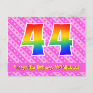 44th Birthday: Pink Stripes & Hearts, Rainbow 44 Postcard