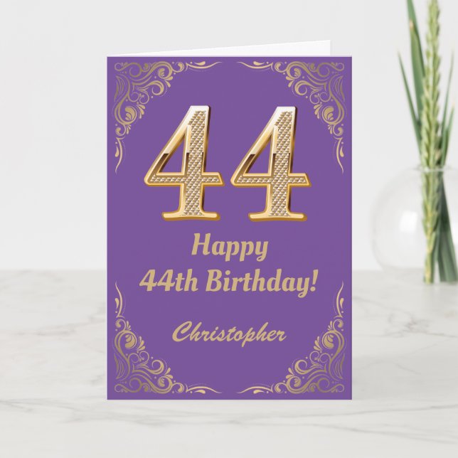 44th Birthday Purple and Gold Glitter Frame Card (Front)