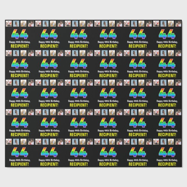 44th Birthday: Rainbow “44“; Custom Photos & Name Wrapping Paper (Seam)