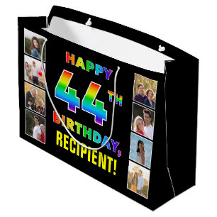 44th Birthday: Rainbow Text, Custom Photos & Name Large Gift Bag