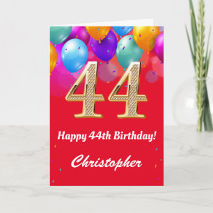 44th Birthday Red and Gold Colourful Balloons Card