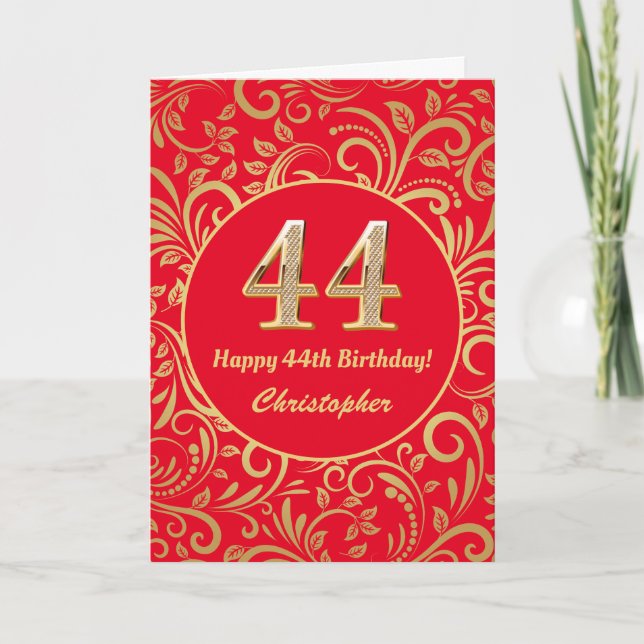44th Birthday Red and Gold Floral Pattern Card (Front)