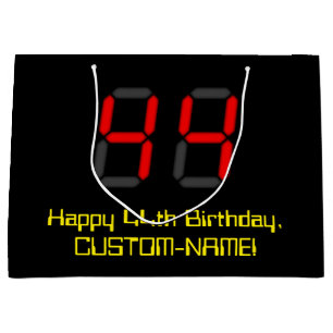 44th Birthday: Red Digital Clock Style "44" + Name Large Gift Bag