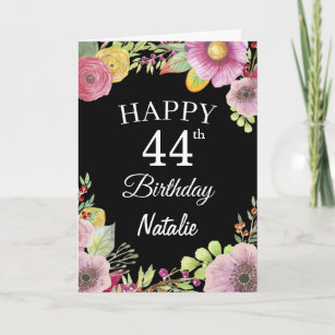 44th Birthday Watercolor Floral Flowers Black Card