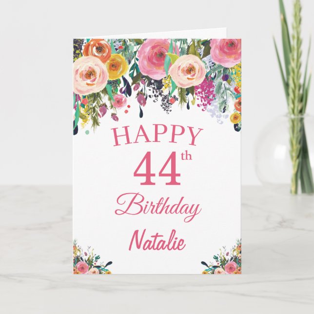 44th Birthday Watercolor Floral Flowers Pink Card (Front)
