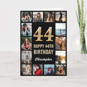 44th Happy Birthday Black and Gold Photo Collage Card