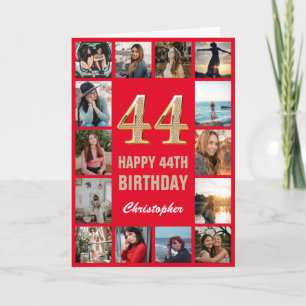 44th Happy Birthday Red and Gold Photo Collage Card