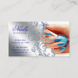 455 Nail Salon Business Card Glitter Blue Silver