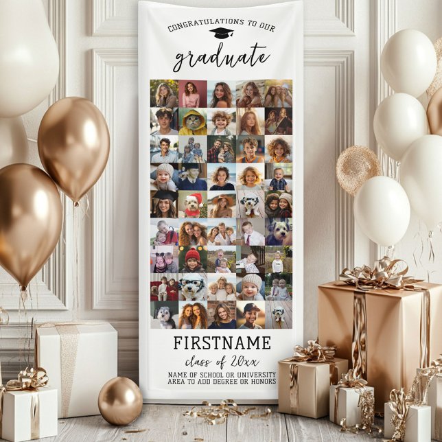 45 Photo Collage Graduation Modern Minimal White Banner (Custom Graduation Banner - Great for a backdrop or Grad Party Decoration)