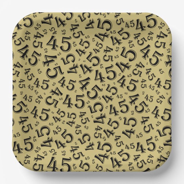 45 Random Number Pattern Gold/Black Paper Plates (Front)