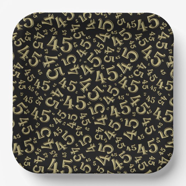 45 Random Number Pattern Gold/Black Paper Plates (Front)