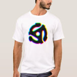 45 RPM Record Adapter T-Shirt<br><div class="desc">This is a design of a classic 45 rpm record adapter,  used for vinyl records (IYKYK). The design is updated with a modern and colourful glitch effect to give it fun and vibrancy.  This would make the perfect gift for a music lover or record collector from any generation.</div>
